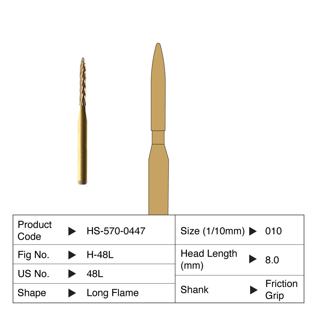 HS Carbide Bur Long Flame Trimming &amp; Finishing Friction Grip 48L-010 5/Pack