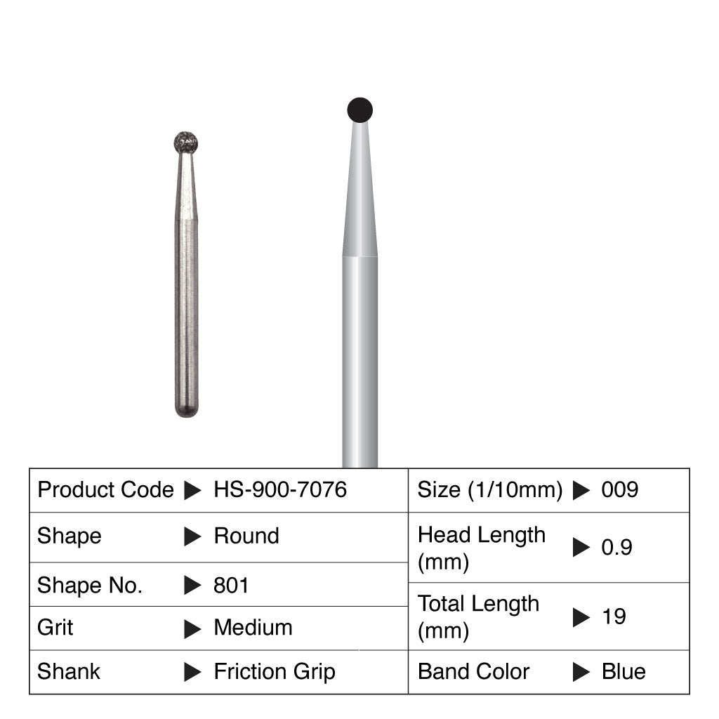 HS Maxima Diamond Bur Round Friction Grip Medium 801-009M 5/Pack