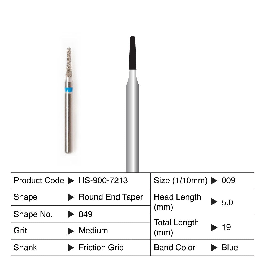 HS Maxima Diamond Bur Round End Taper Friction Grip Medium 849-009M 5/Pack