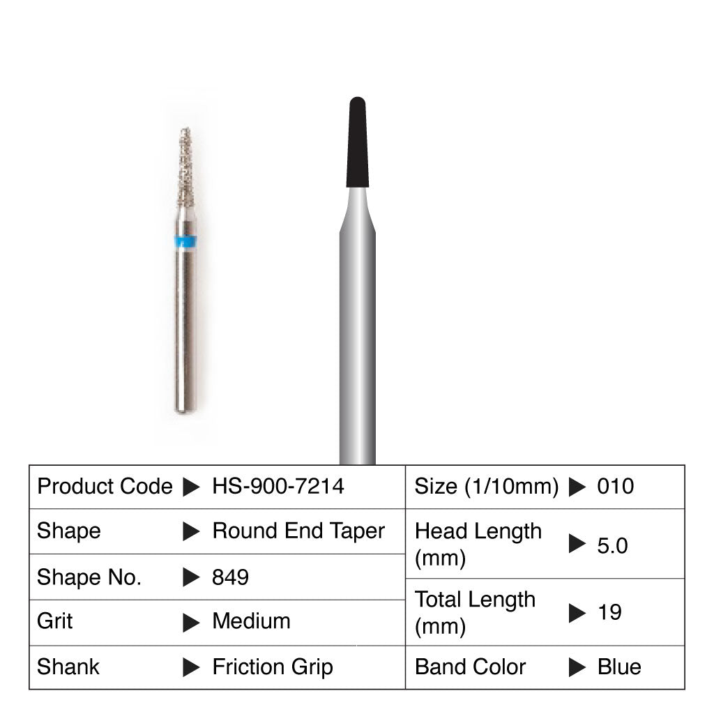 HS Maxima Diamond Bur Round End Taper Friction Grip Medium 849-010M 5/Pack