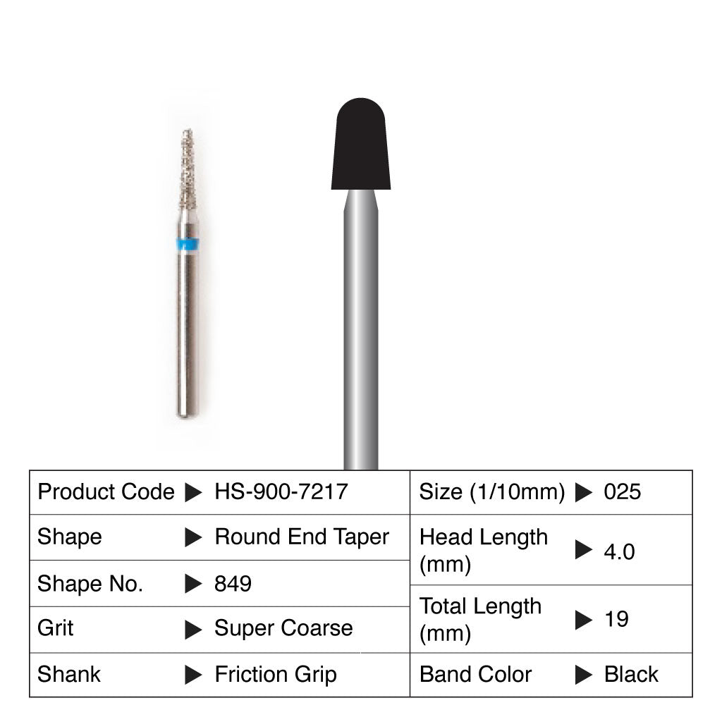 HS Maxima Diamond Bur Round End Taper Friction Grip Super Coarse 849-025SC 5/Pack