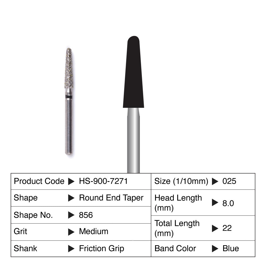 HS Maxima Diamond Bur Round End Taper Friction Grip Medium 856-025M 5/Pack