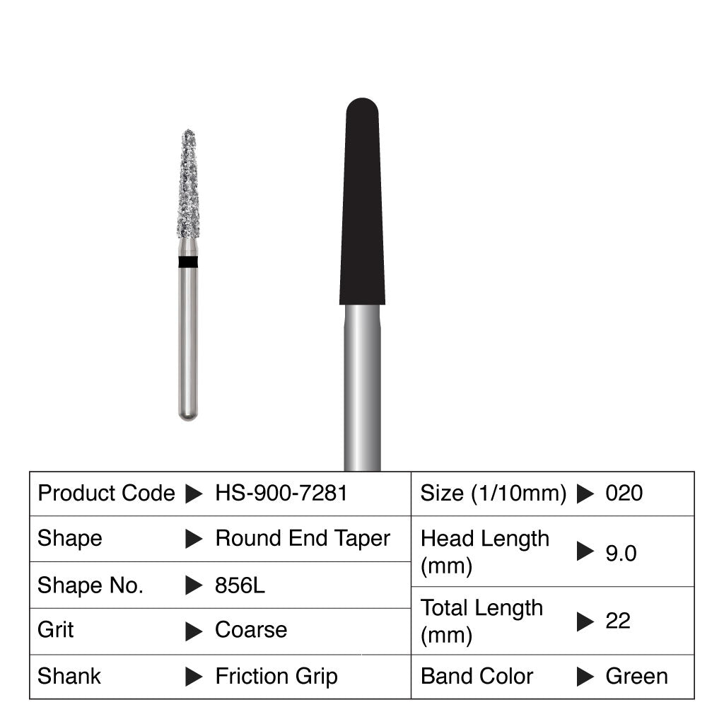 HS Maxima Diamond Bur Round End Taper Friction Grip Coarse 856L-020C 5/Pack