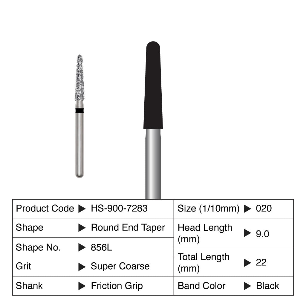 HS Maxima Diamond Bur Round End Taper Friction Grip Super Coarse 856L-020SC 5/Pack